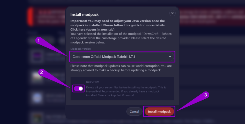 Steps to configure the Cobblemon Modpack installation parameters