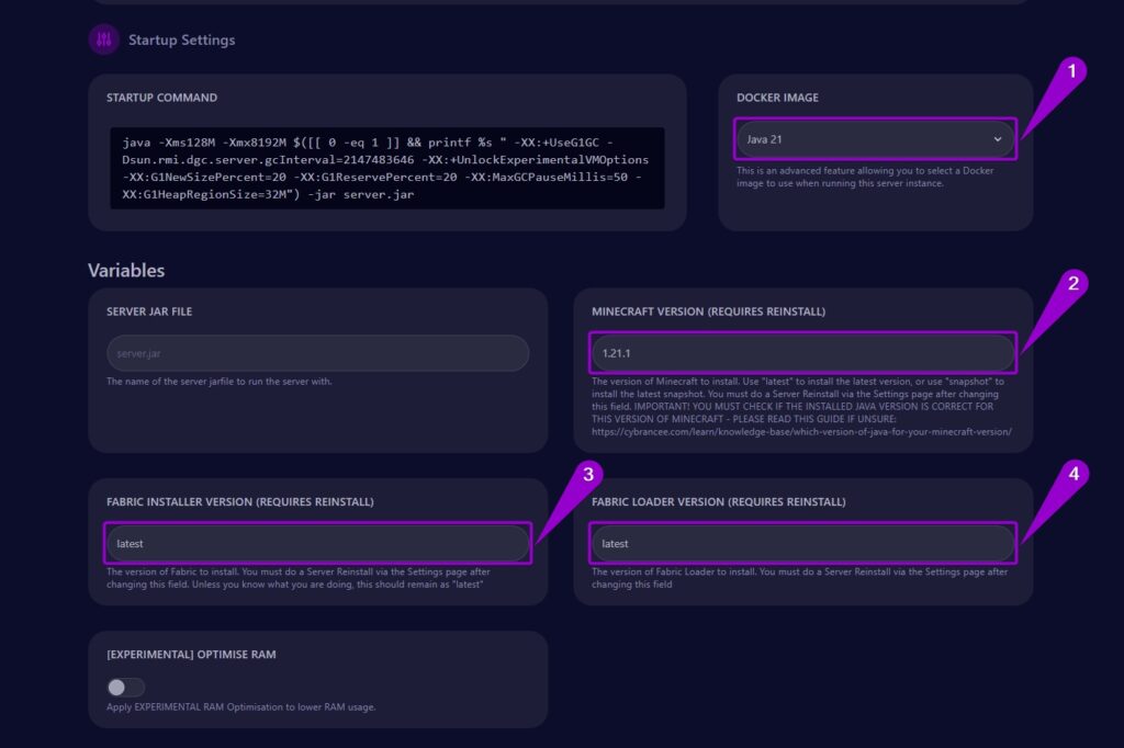 Steps to configure the startup settings parameters for 'Cobblemon' modpack