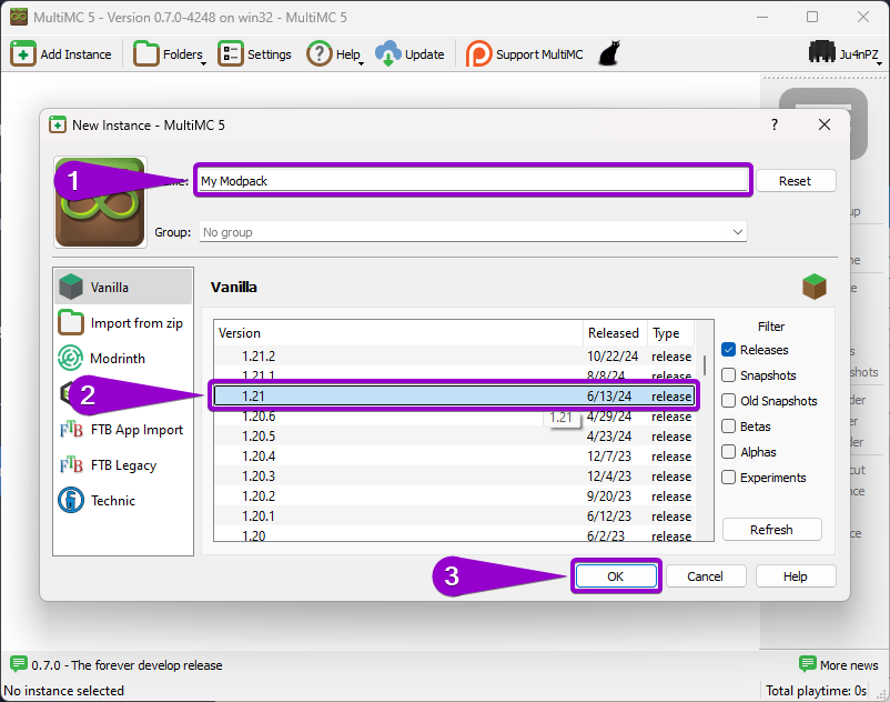 Steps to create an instance in MultiMC