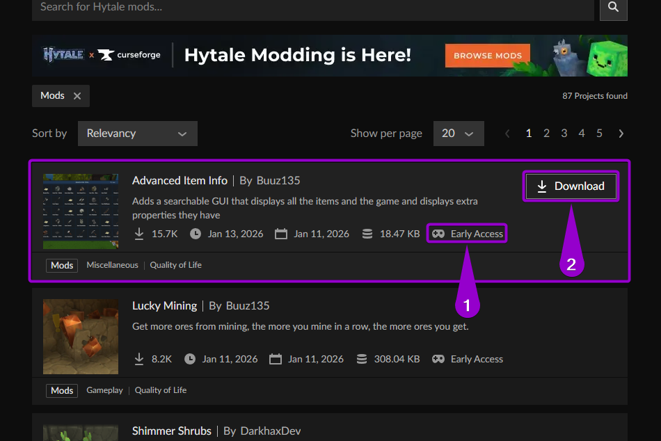Steps to download a Hytale mod on CurseForge
