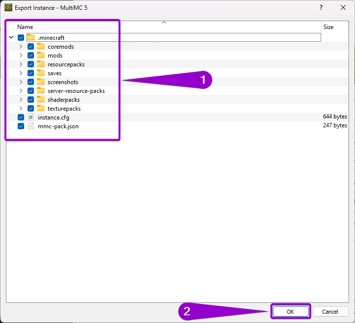Steps to select the instance files to be exported