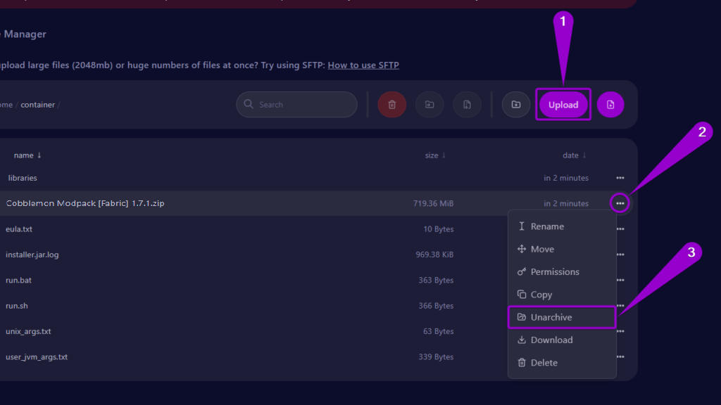 Steps to upload and unzip the 'Cobblemon' modpack ZIP file