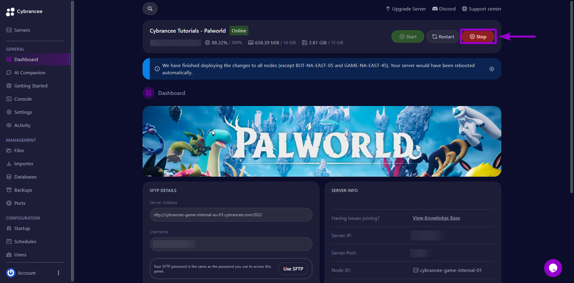 Cybrancee Palworld server dashboard with Stop button highlighted.