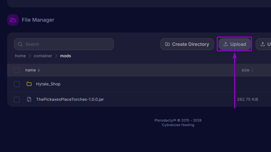 The Pickaxes Place Torches 'Upload' button outlined with arrow - Hytale CB Panel