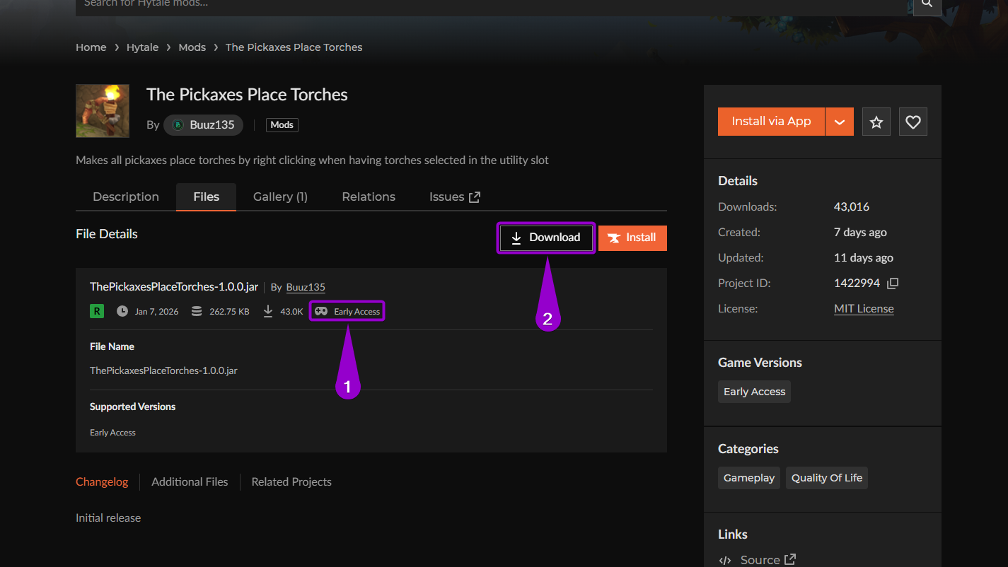 'The Pickaxes Place Torches' mod library curseforge main page