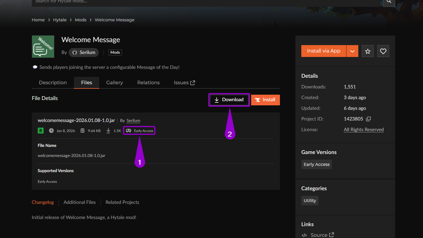 'Welcome Message' mod curseforge main page