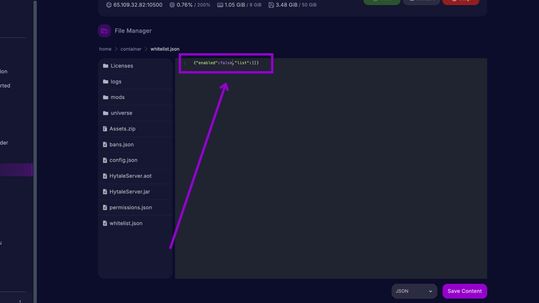 Whitelist.json - Line 1 - Hytale Server Panel