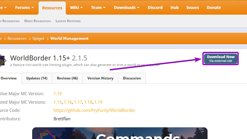 'WorldBorder' plugin download button outlined with arrow