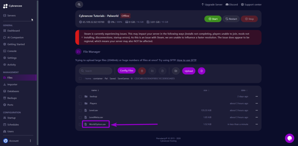 'WorldOption.sav' file outlined with arrow in Cybrance panel