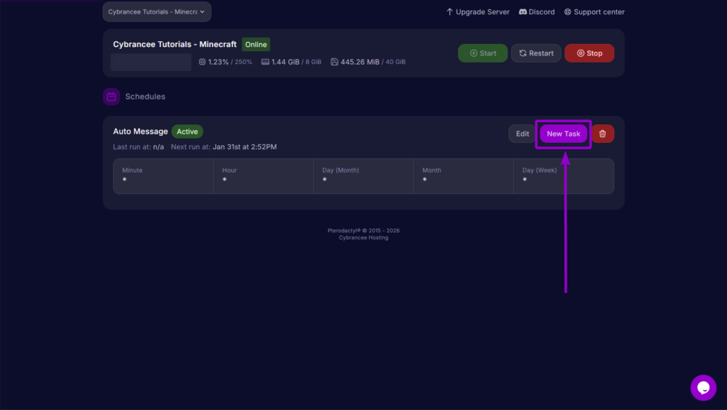 Clicking the 'New Task' button within a created schedule to define the specific server action.