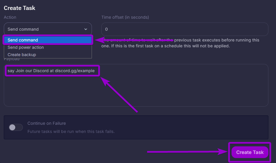 Entering the "say" command followed by the custom broadcast message in the schedule task payload field.