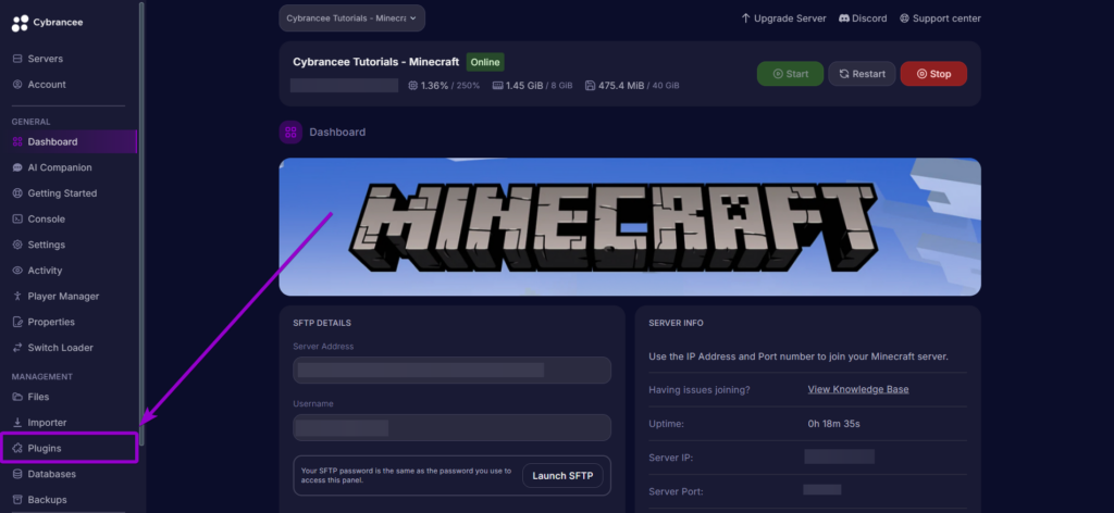 Highlighting the 'Plugins' tab.