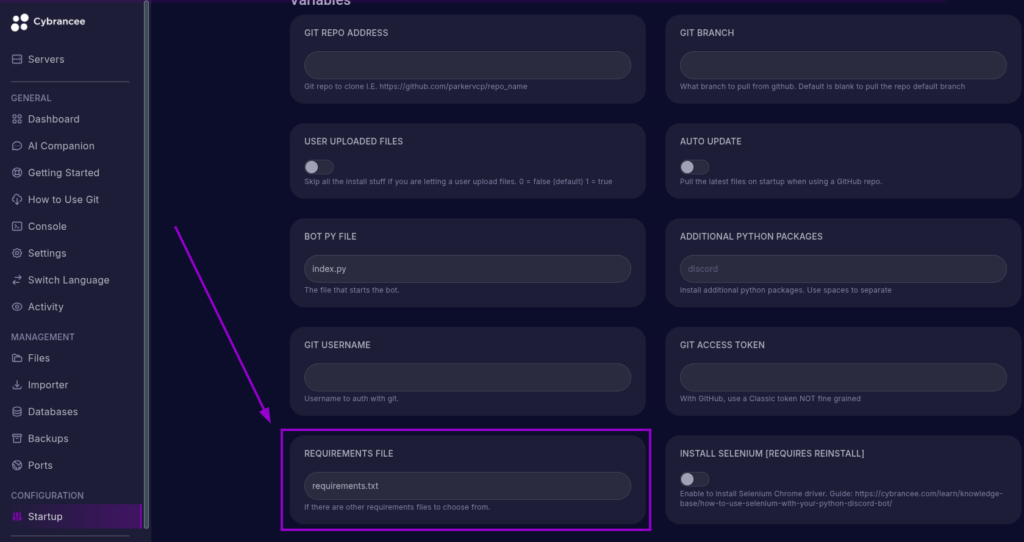Cybrancee Panel, the REQUIREMENTS FILE card is highlighted