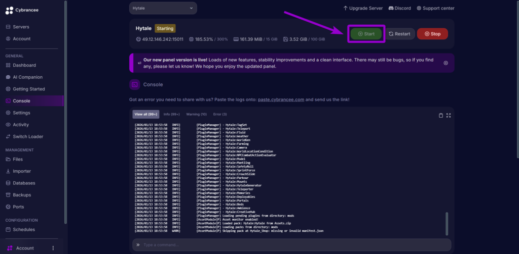 Cybrancee console page, Hytale. Start server outlined