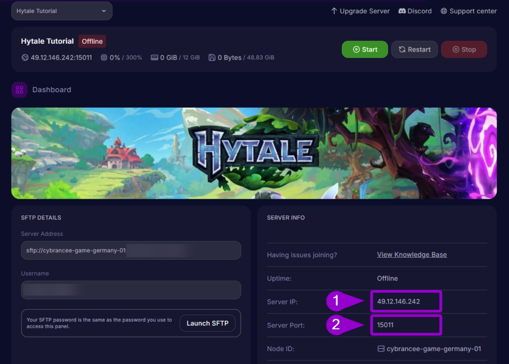 Cybrancee Hytale dashboard with IP and port outlined