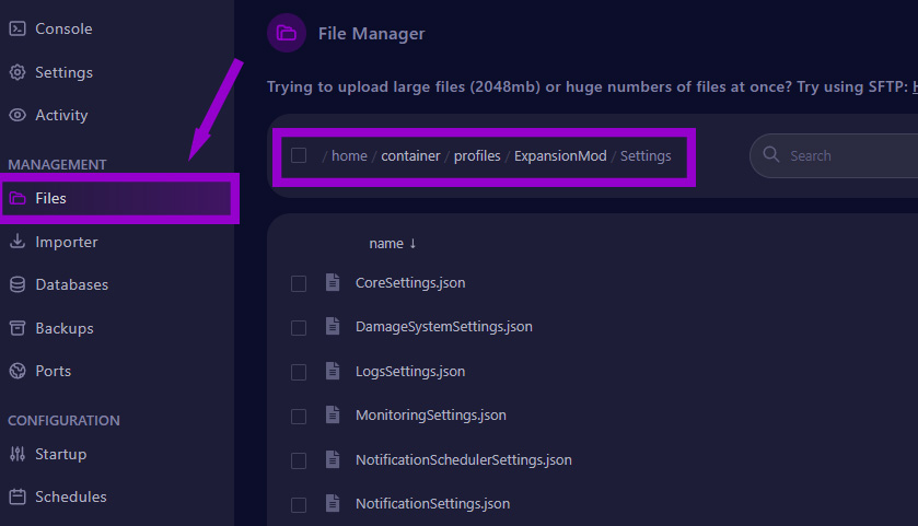 cybrancee panel dayz files tab with expansionmod settings folder path outlined