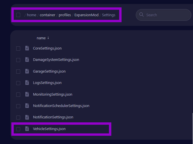 dayz files tab with expansion vehicles settings folder path  and setting file outlined