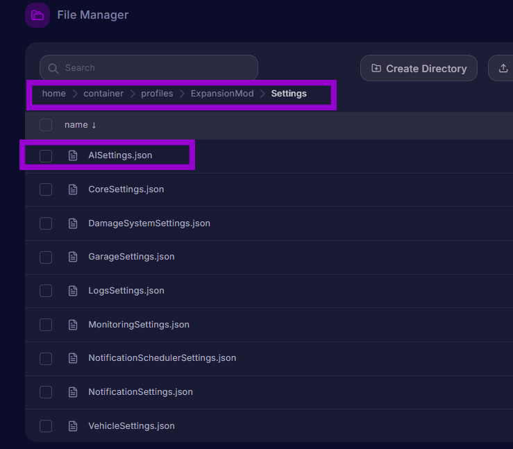 dayz files tab with expansion AI settings folder path and setting file outlined