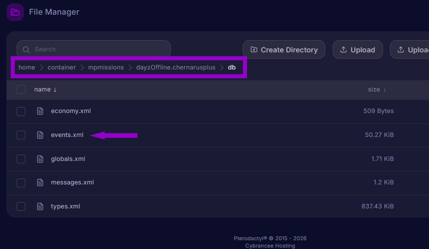 dayz files tab with events.xml file path and file outlined