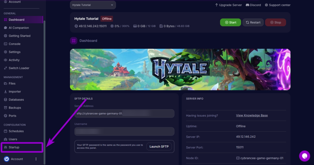 Cybrancee panel Hytale dashboard with startup tab outlined