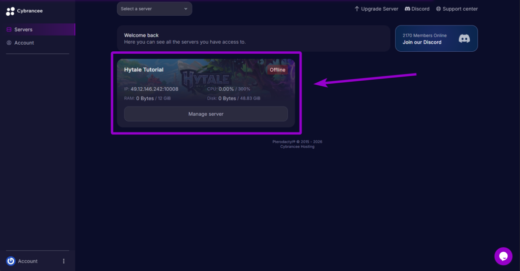 Cybrancee panel dashboard manage server page, with Hytale server outlined