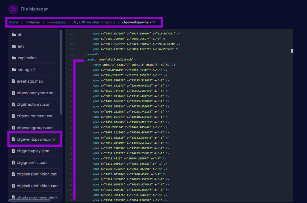 dayz cfgevents.xml file with heli crash position settings outlined