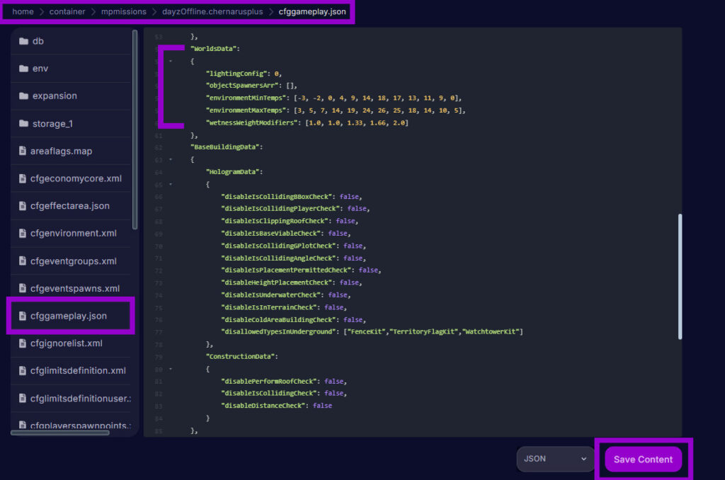 dayz cfggameplay file with worldsdata settings outlined