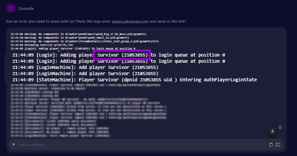 dayz console log with player first connection and player dayz character id outlined