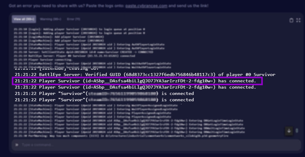 dayz console log when player with uid outlined connect