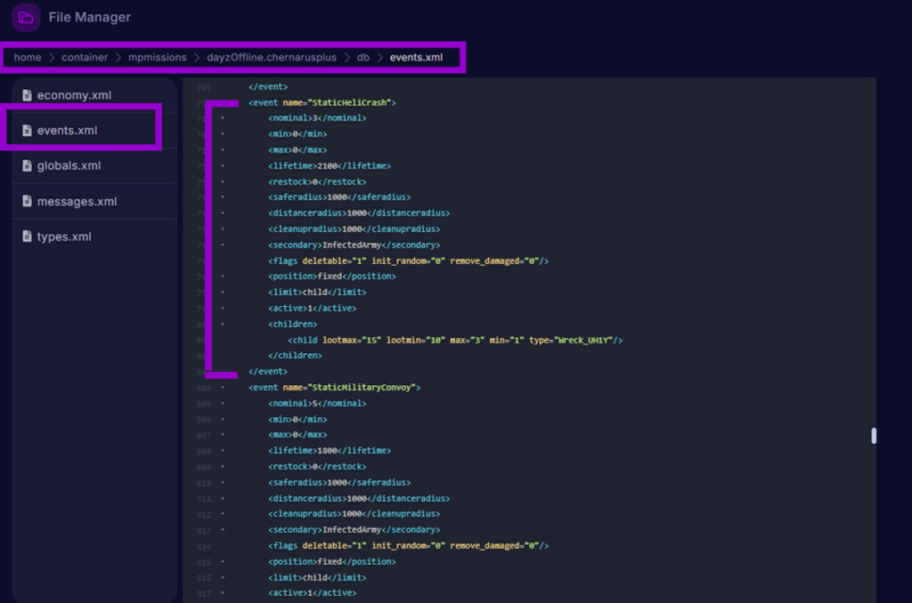 dayz events.xml file with heli crash settings outlined
