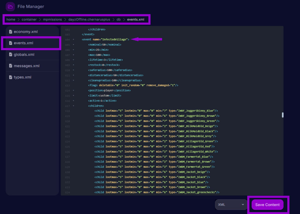 dayz events.xml file with zombie settings outlined