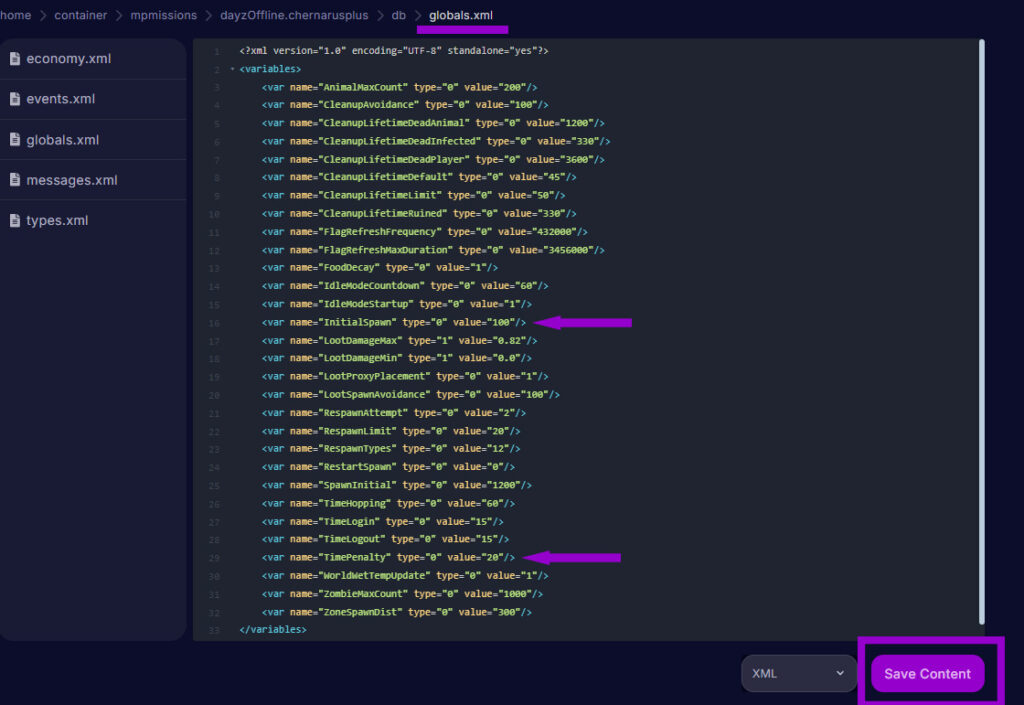 dayz globals.xml file with  settings outlined