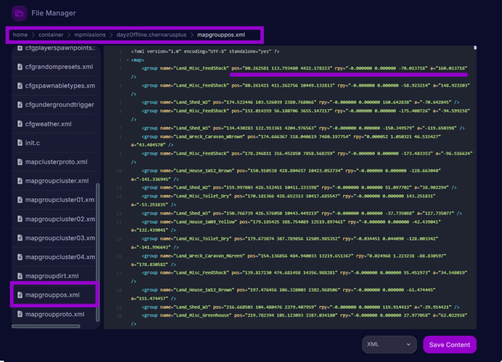 dayz mapgroupspos.xml file with position settings outlined