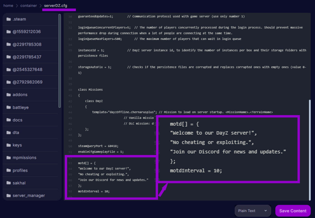dayz servercfg file with motd settings line outlined