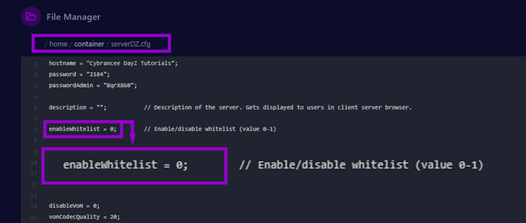 dayz servercfg file with whitelist line outlined