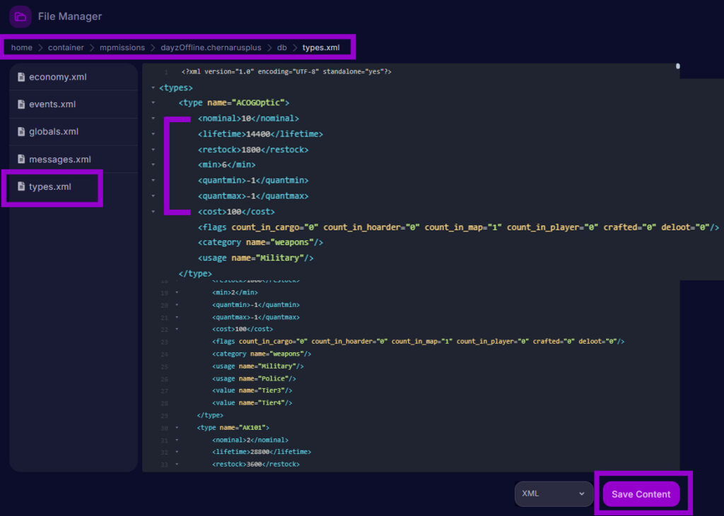 dayz types.xml file with settings outlined