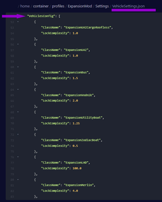 day z vehicle settings file from expansion vehicles mod