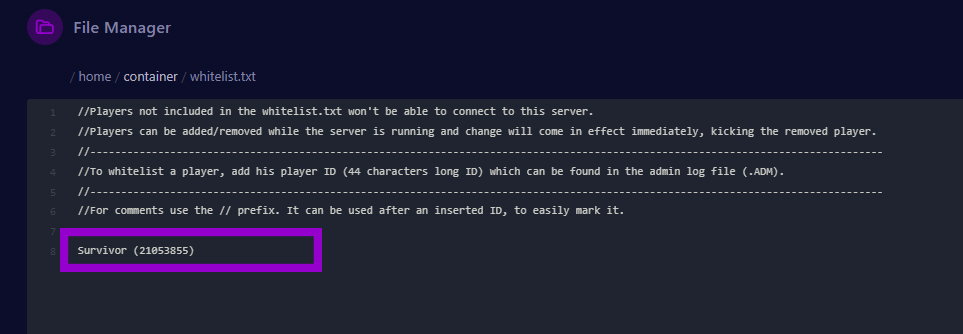 dayz whitelist file with new line with player id outlined
