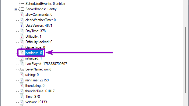 'hardcore' option outlined with arrow - NBTExplorer