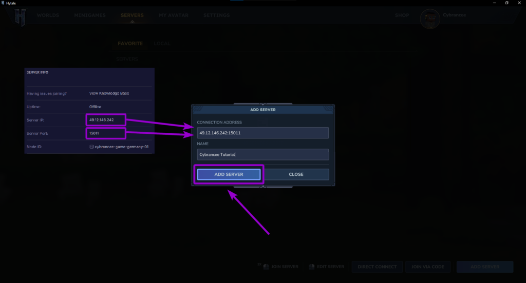 Hytale add server modal with connection details