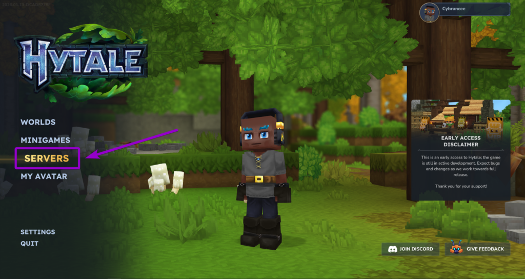Hytale menu, with servers option outlined