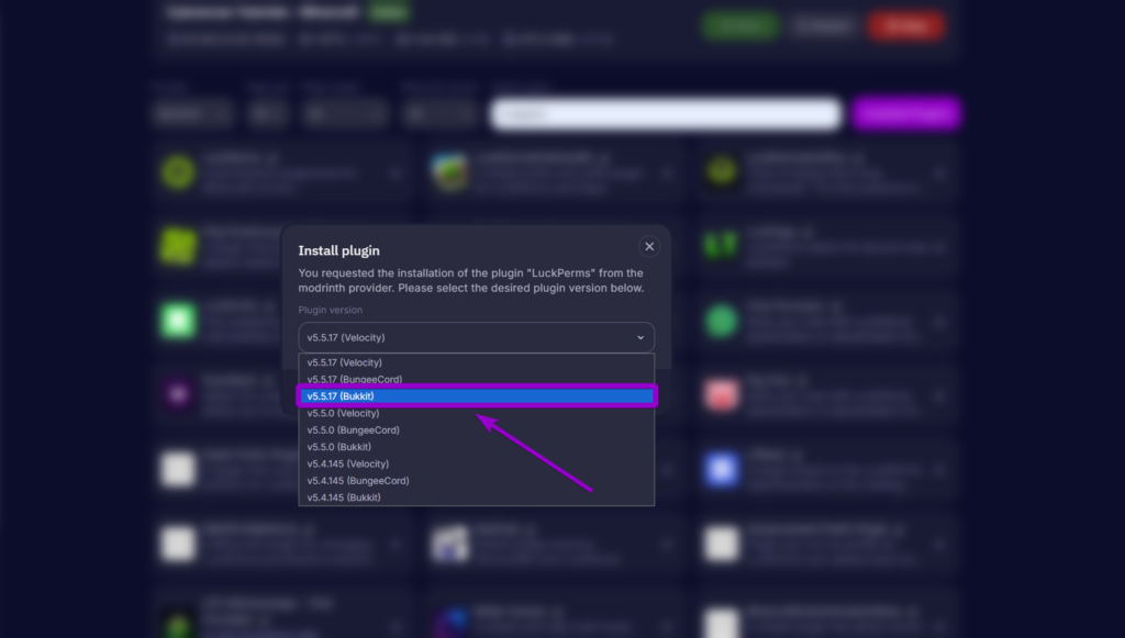 Using the plugin installer dropdown menu to select the specific Bukkit/Spigot version of LuckPerms for the server.