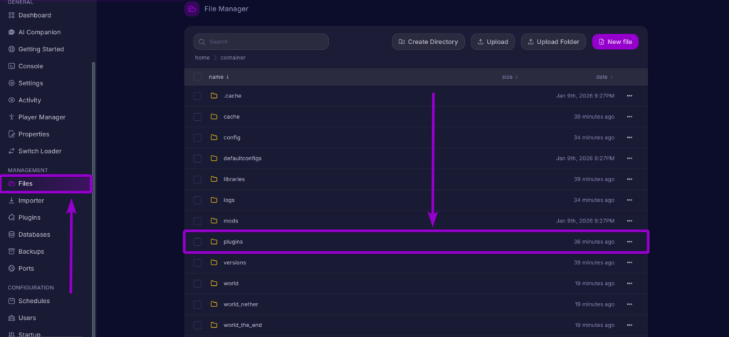 Locating the plugins folder in the Cybrancee Minecraft server file manager