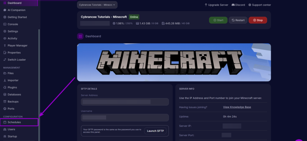 Highlighting the 'Schedules' tab .
