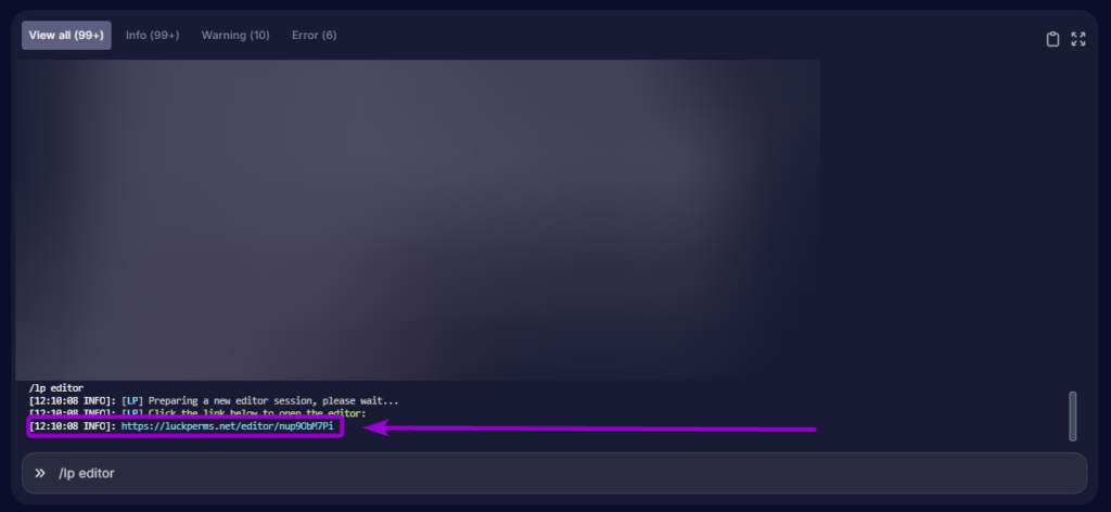 The generated web editor link appearing in the server console after running the /lp editor command.
