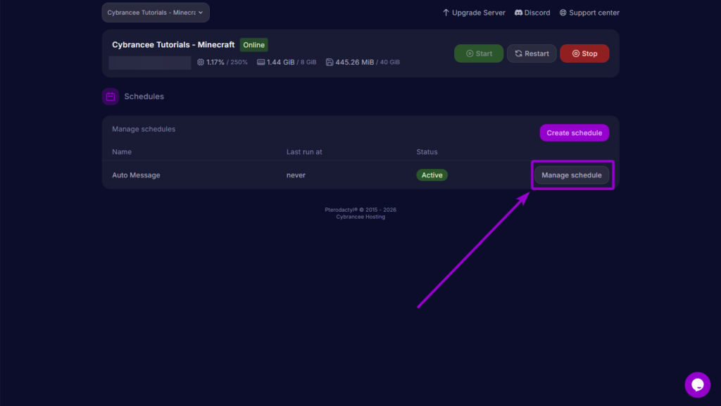 Clicking the 'Manage' button on an existing schedule to edit its timing and tasks.