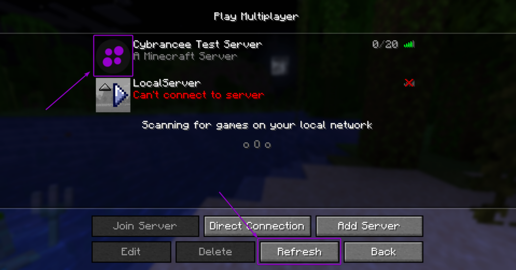 Minecraft multiplayer server list showing the new custom server icon visible after clicking the Refresh button.