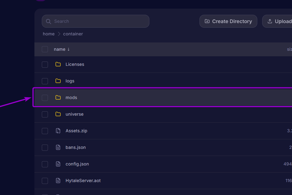 'mods' folder outlined with arrow - Hytale CB Panel