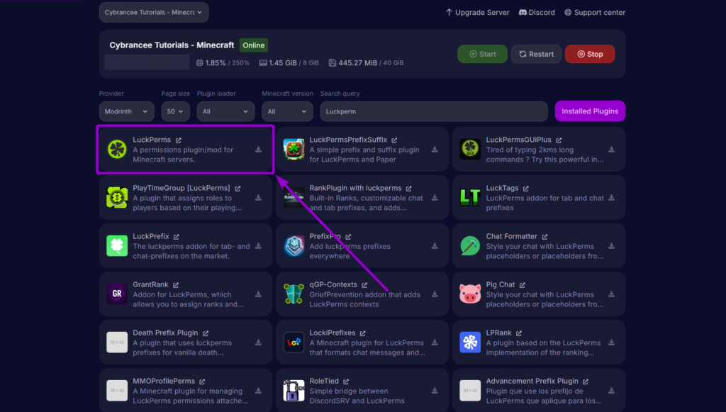Searching for 'LuckPerms' in the search bar.