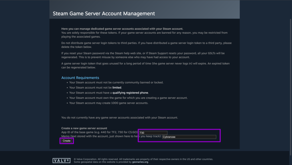 Steam create Gameserver login token CS2
